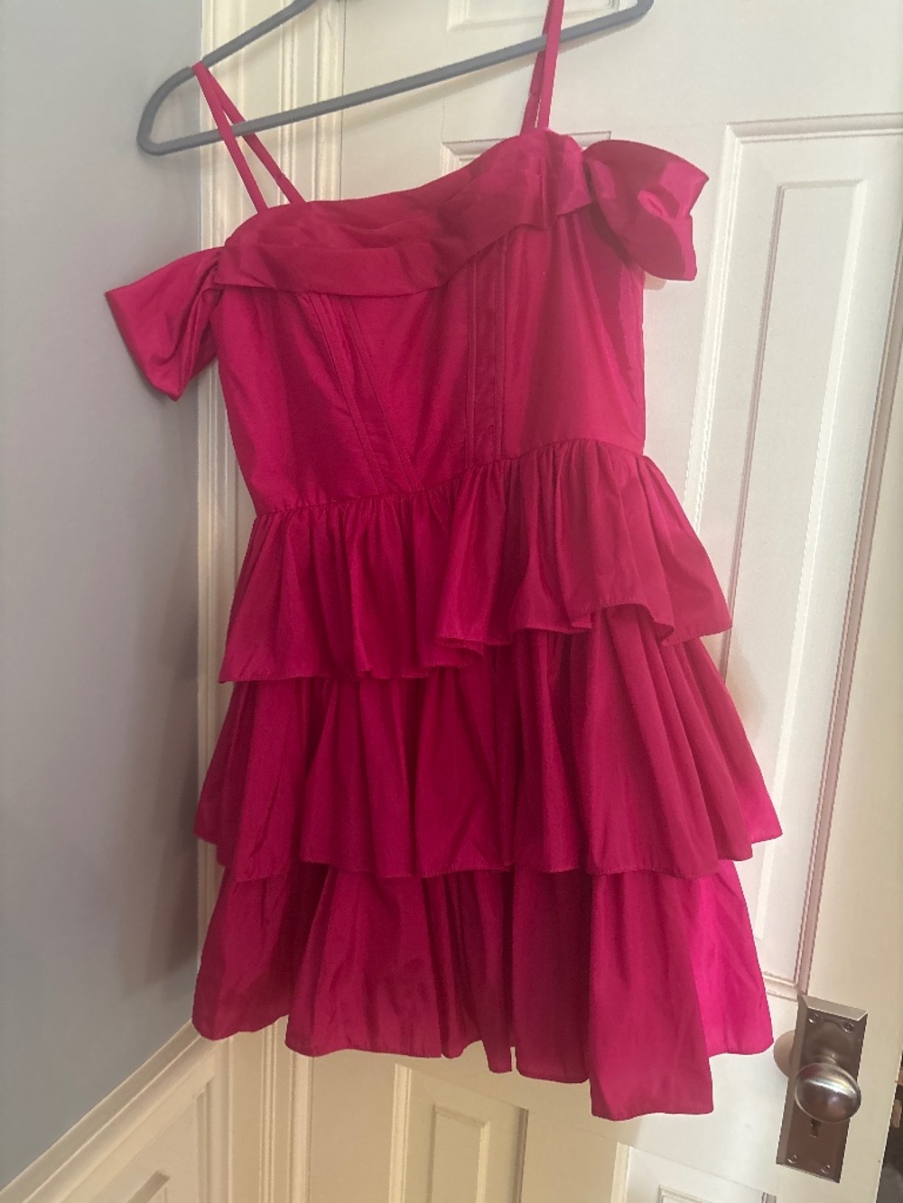 Stacees fushia short dress off the shoulder